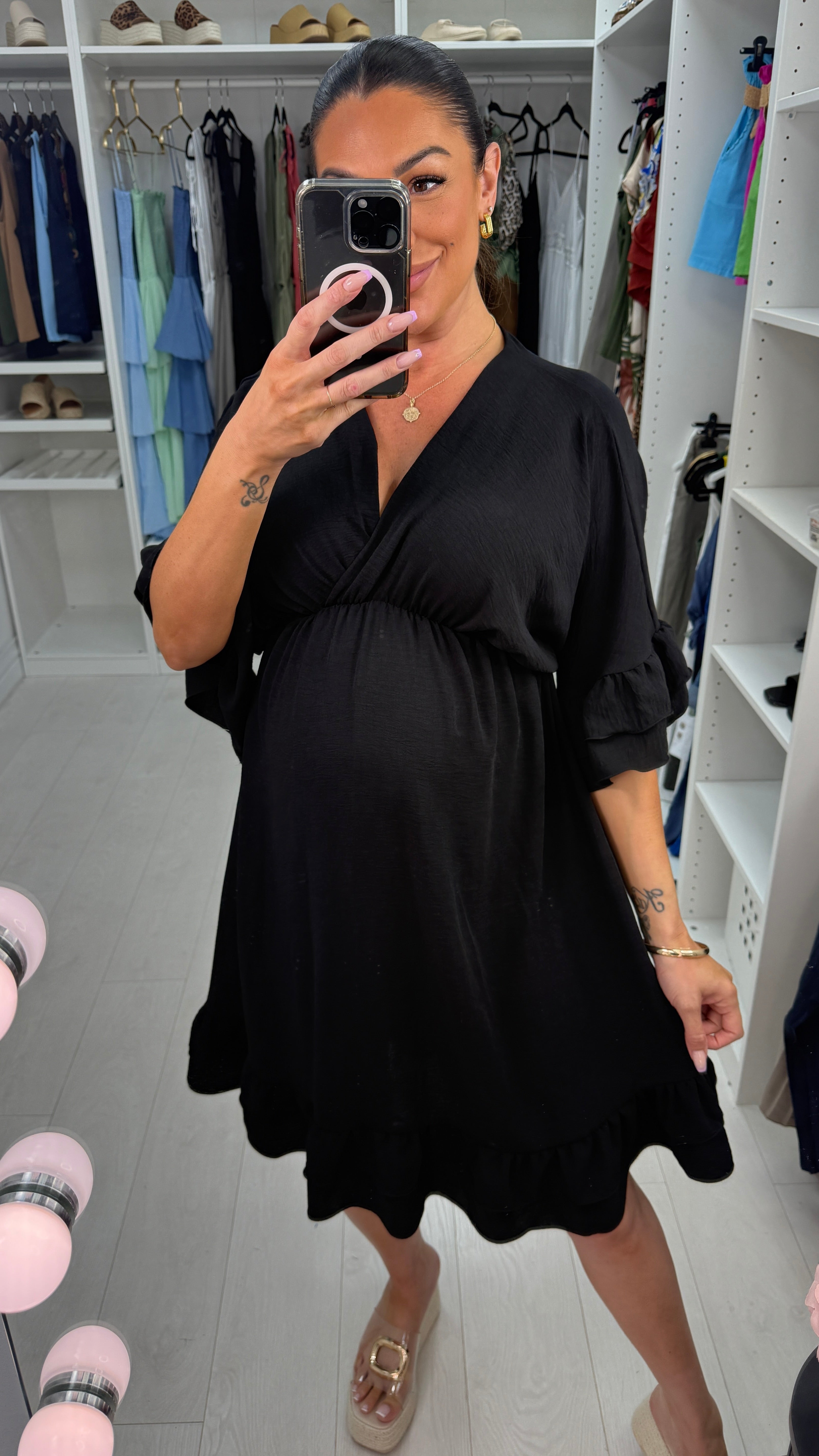 Odessa Plain V Neck Frill Detail Midi Dress