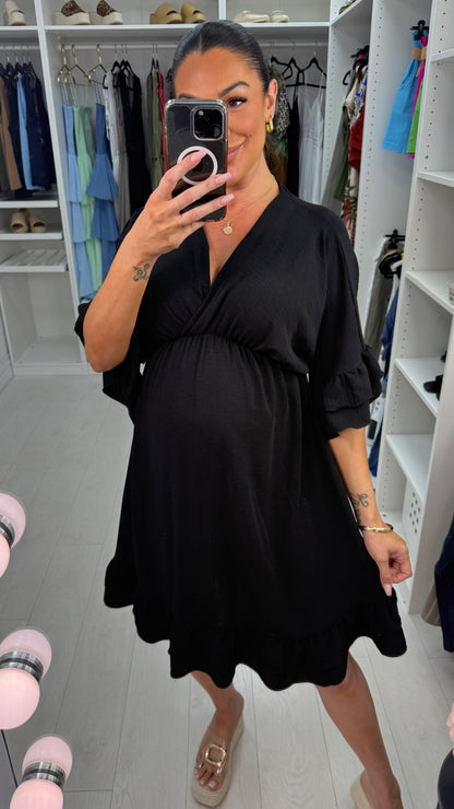 Odessa Plain V Neck Frill Detail Midi Dress