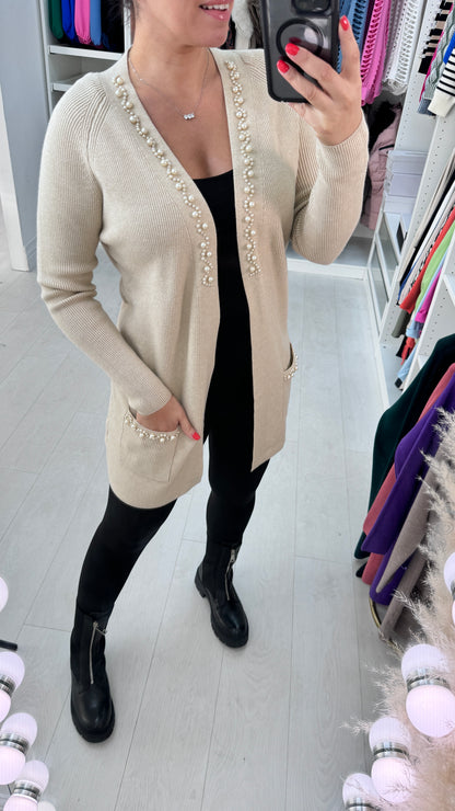 Zahara Longline Pearl Stone Detail Cardigan