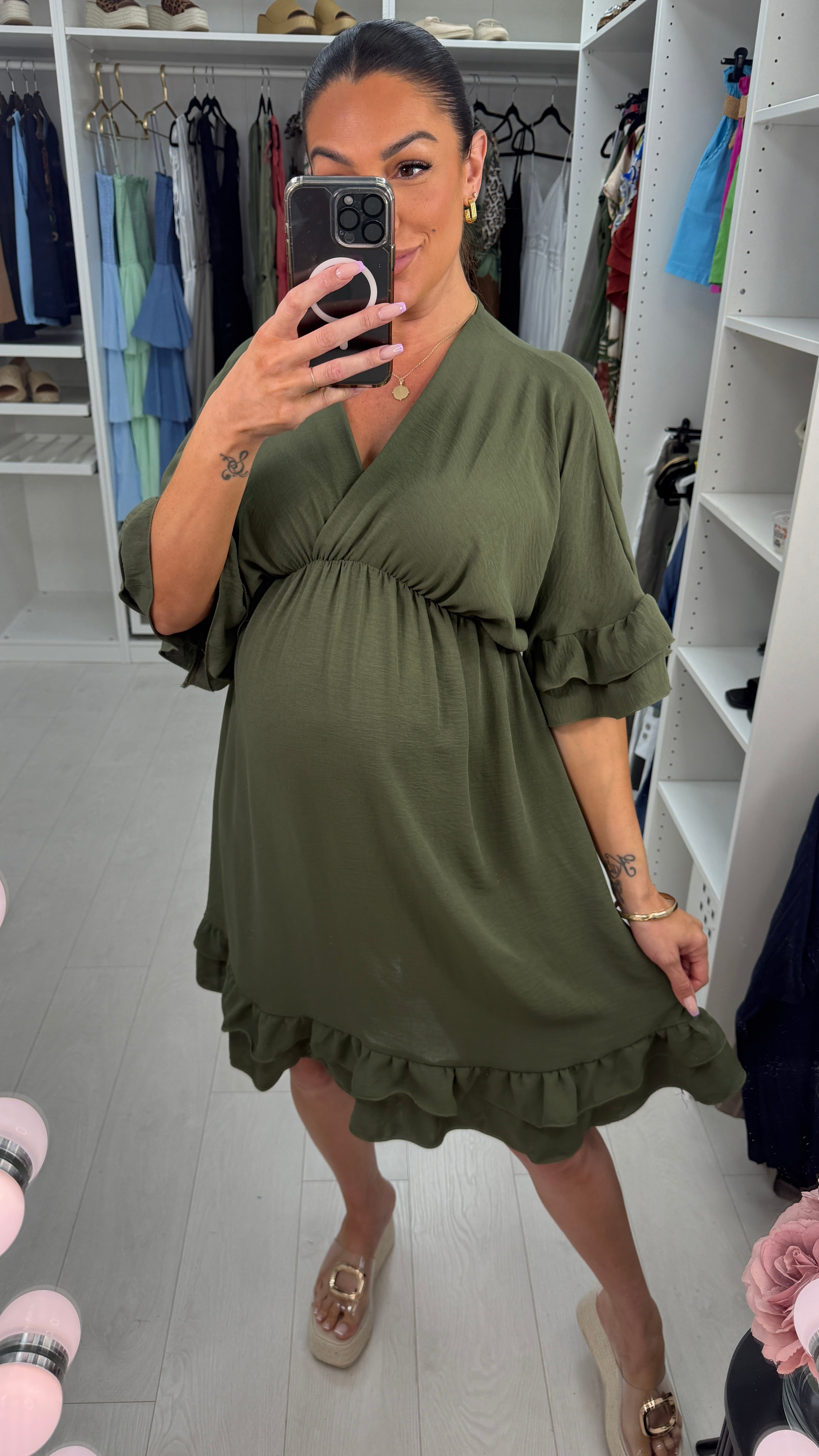 Odessa Plain V Neck Frill Detail Midi Dress