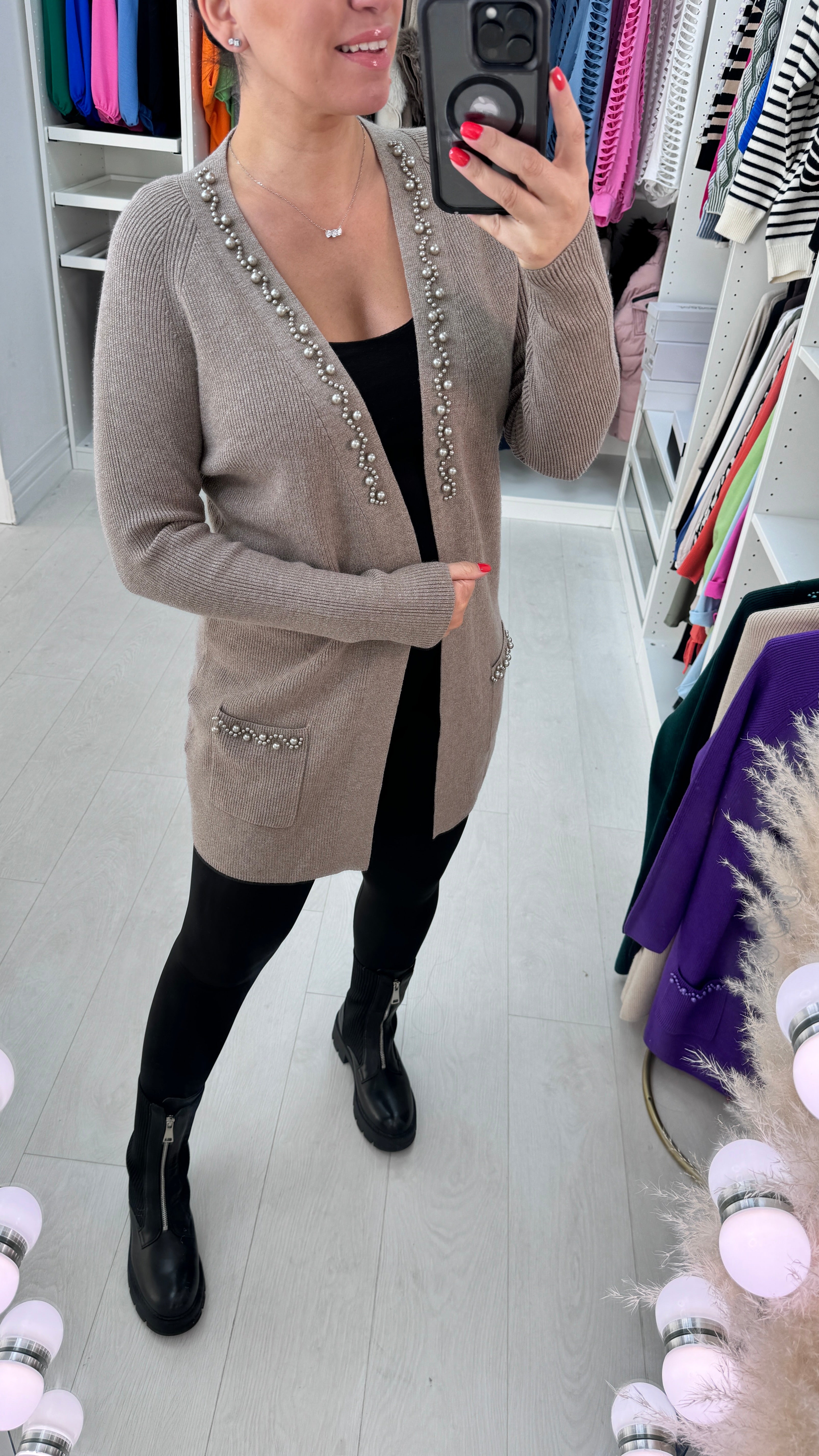 Zahara Longline Pearl Stone Detail Cardigan