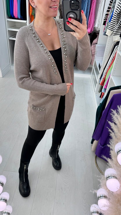 Zahara Longline Pearl Stone Detail Cardigan