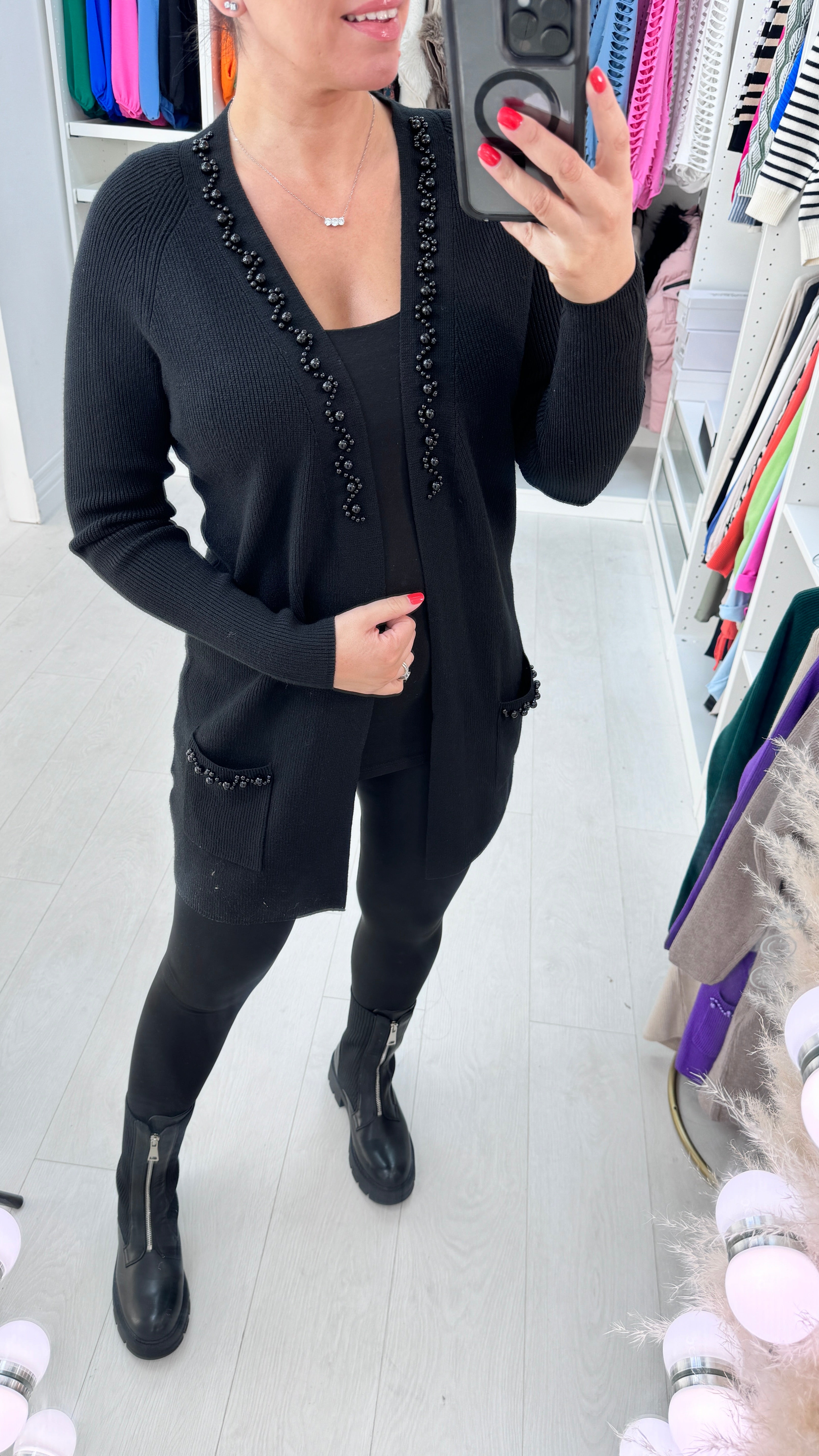 Zahara Longline Pearl Stone Detail Cardigan