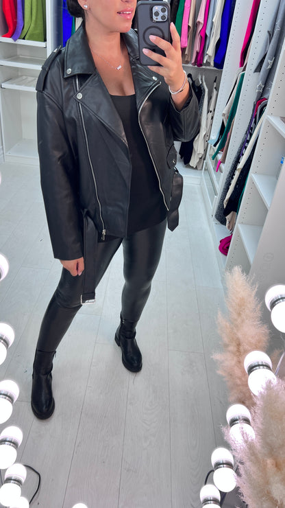 Rizzo Black Leather Look Biker Jacket