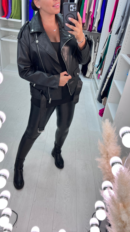 Rizzo Black Leather Look Biker Jacket