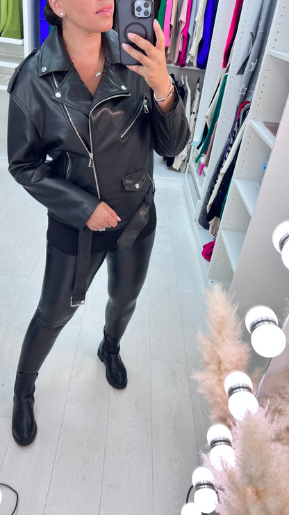 Rizzo Black Leather Look Biker Jacket