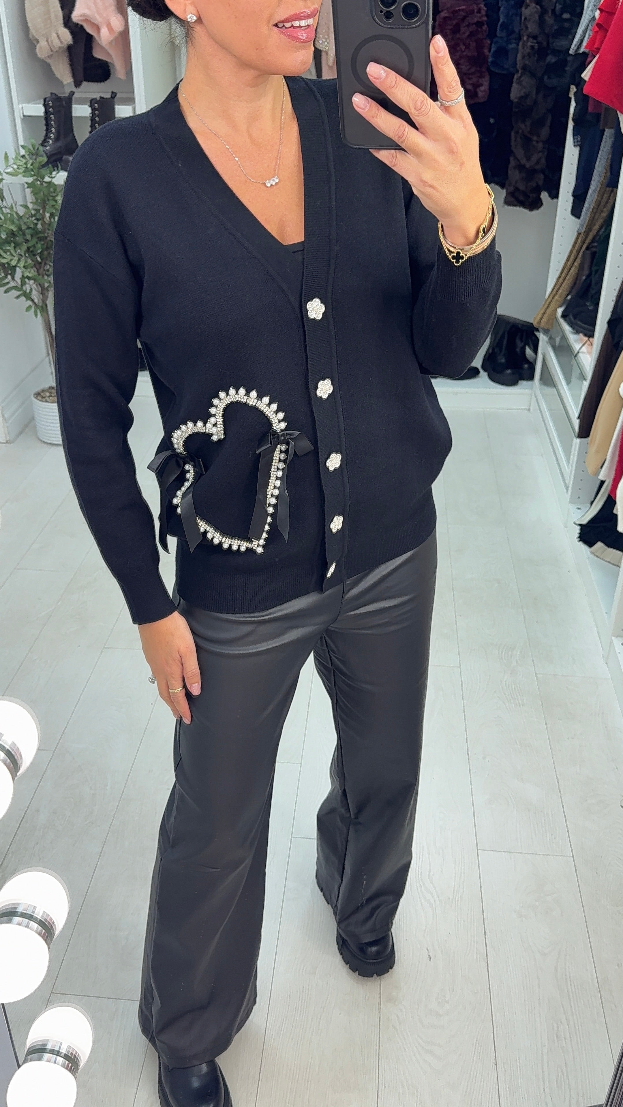 Elliana Embellished Heart V Neck Cardigan