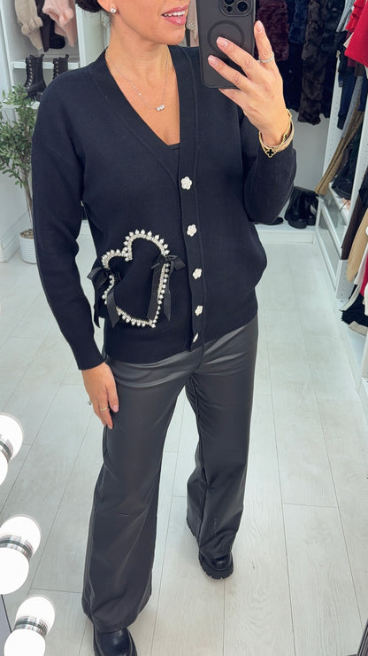 Elliana Embellished Heart V Neck Cardigan