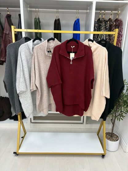 Pria Plain Loose Fit Longline Zip Front Jumper