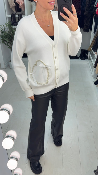 Elliana Embellished Heart V Neck Cardigan