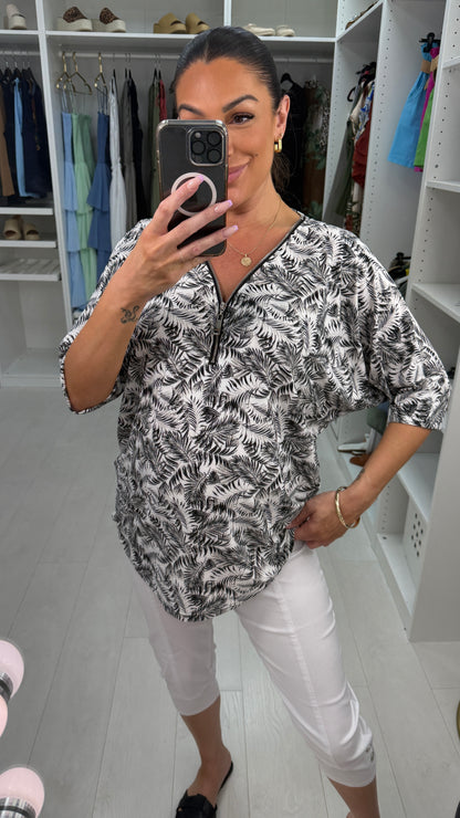 Zaylea Leaf Print Loose Fit Zip Front Top
