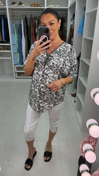 Zaylea Leaf Print Loose Fit Zip Front Top