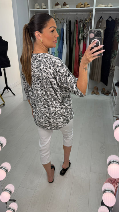 Zaylea Leaf Print Loose Fit Zip Front Top