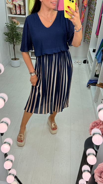 Rachella Striped Pleated Loose Fit Midi Dress