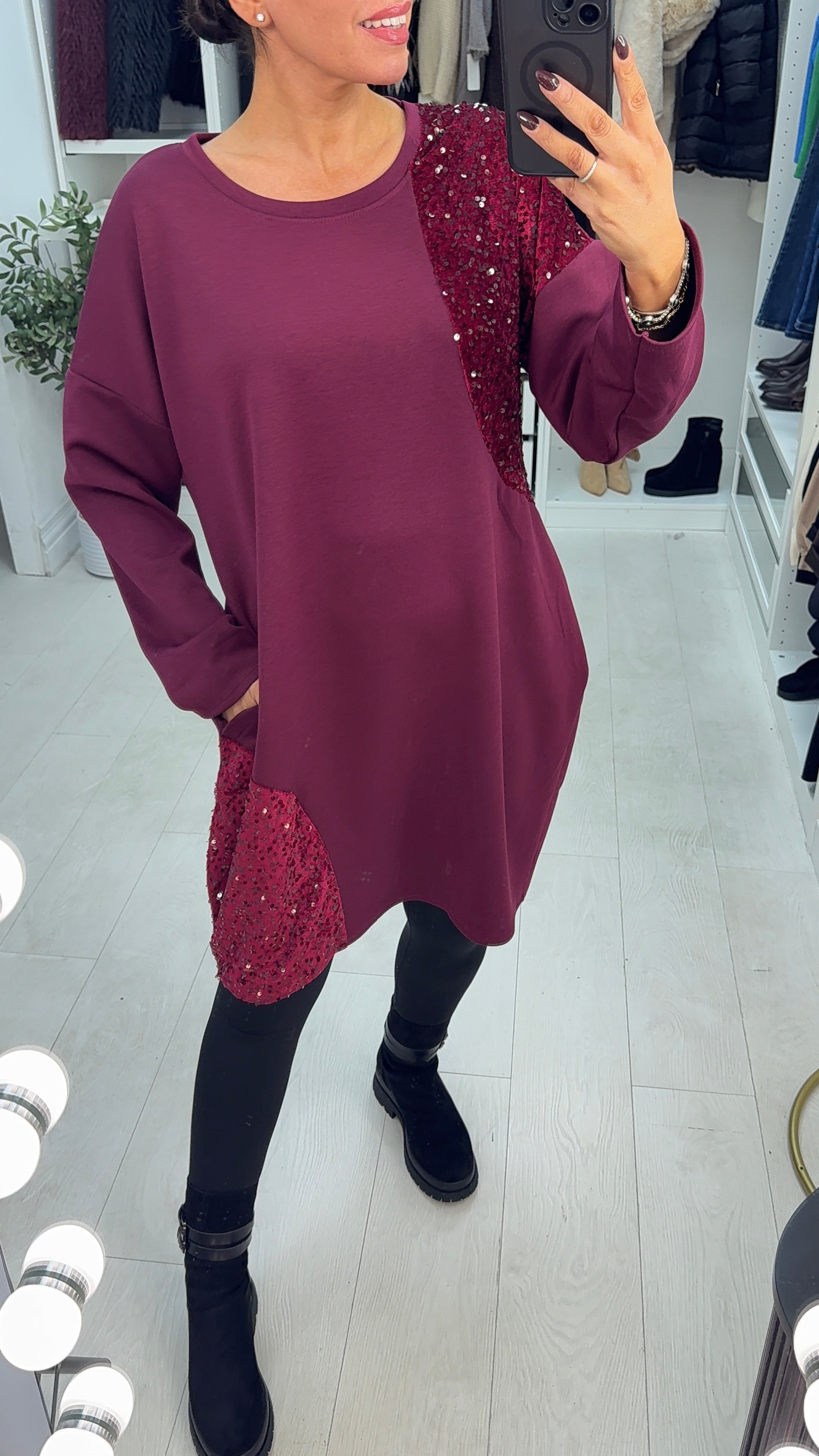 Sharlotte Plain Sequin Panel Loose Fit Dress