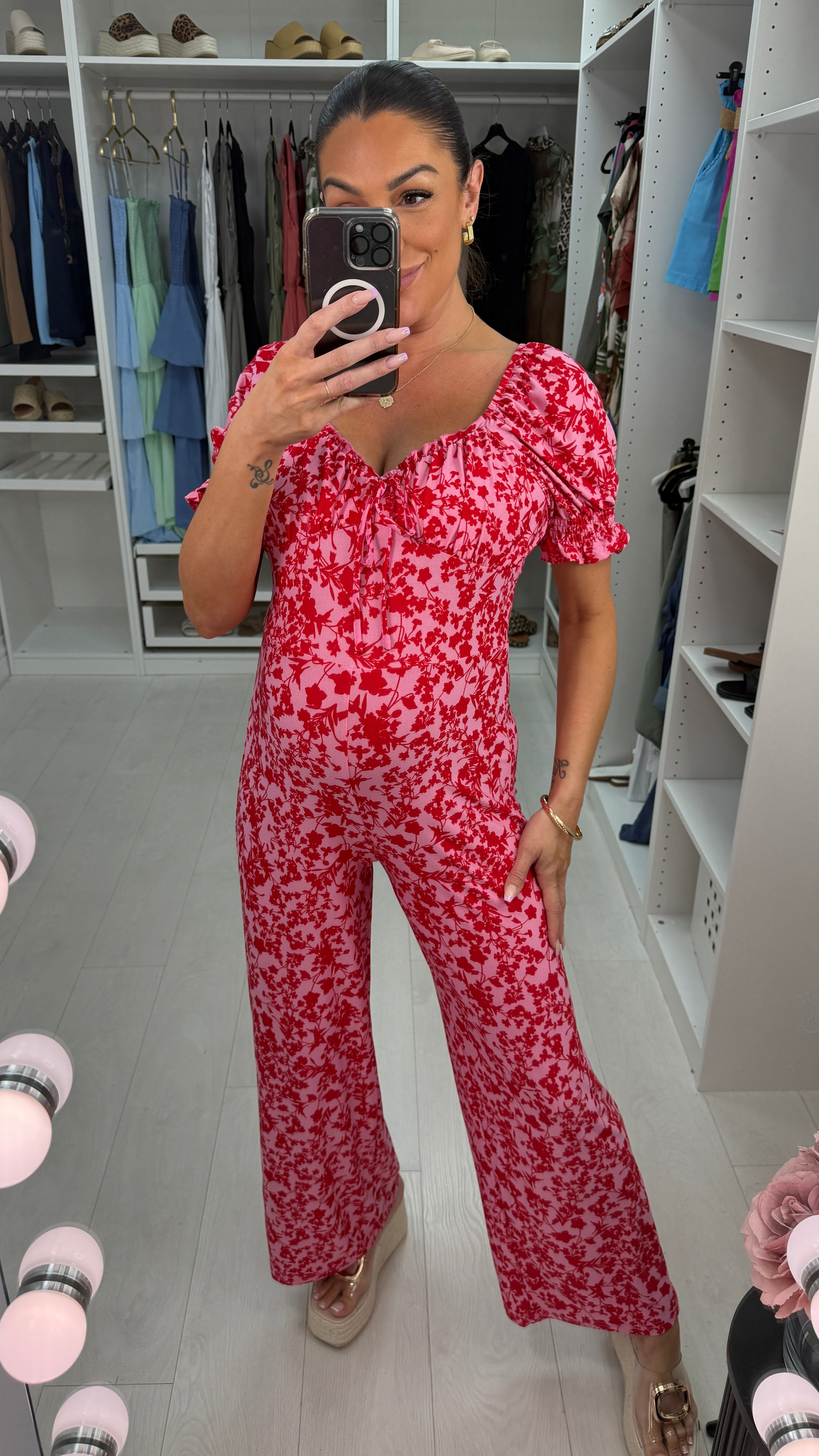 Reeta Floral Wide Leg Puff Sleeve Tie Jumpsuit