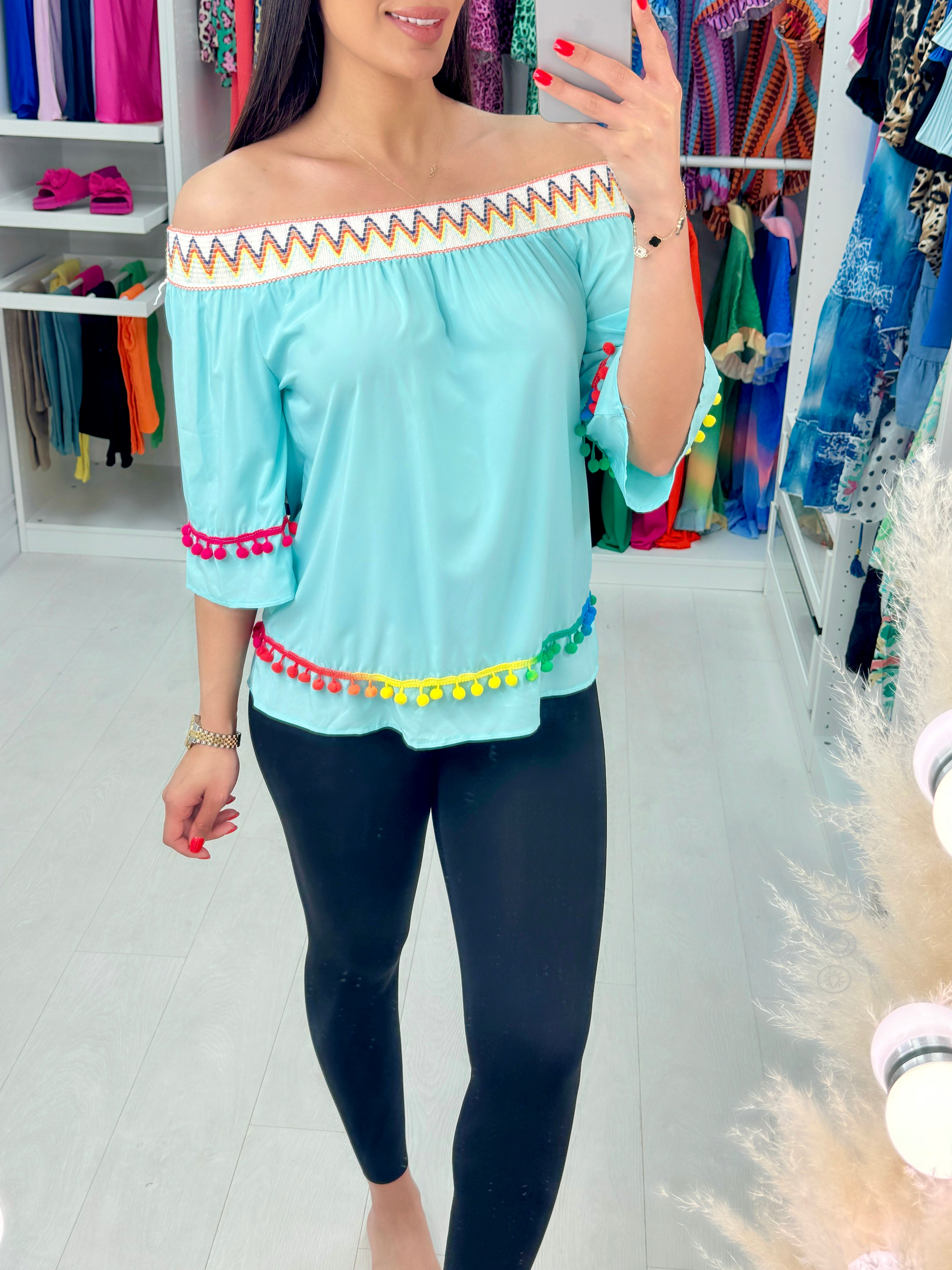 Marcell Bardot Pompom Trim Flared Top