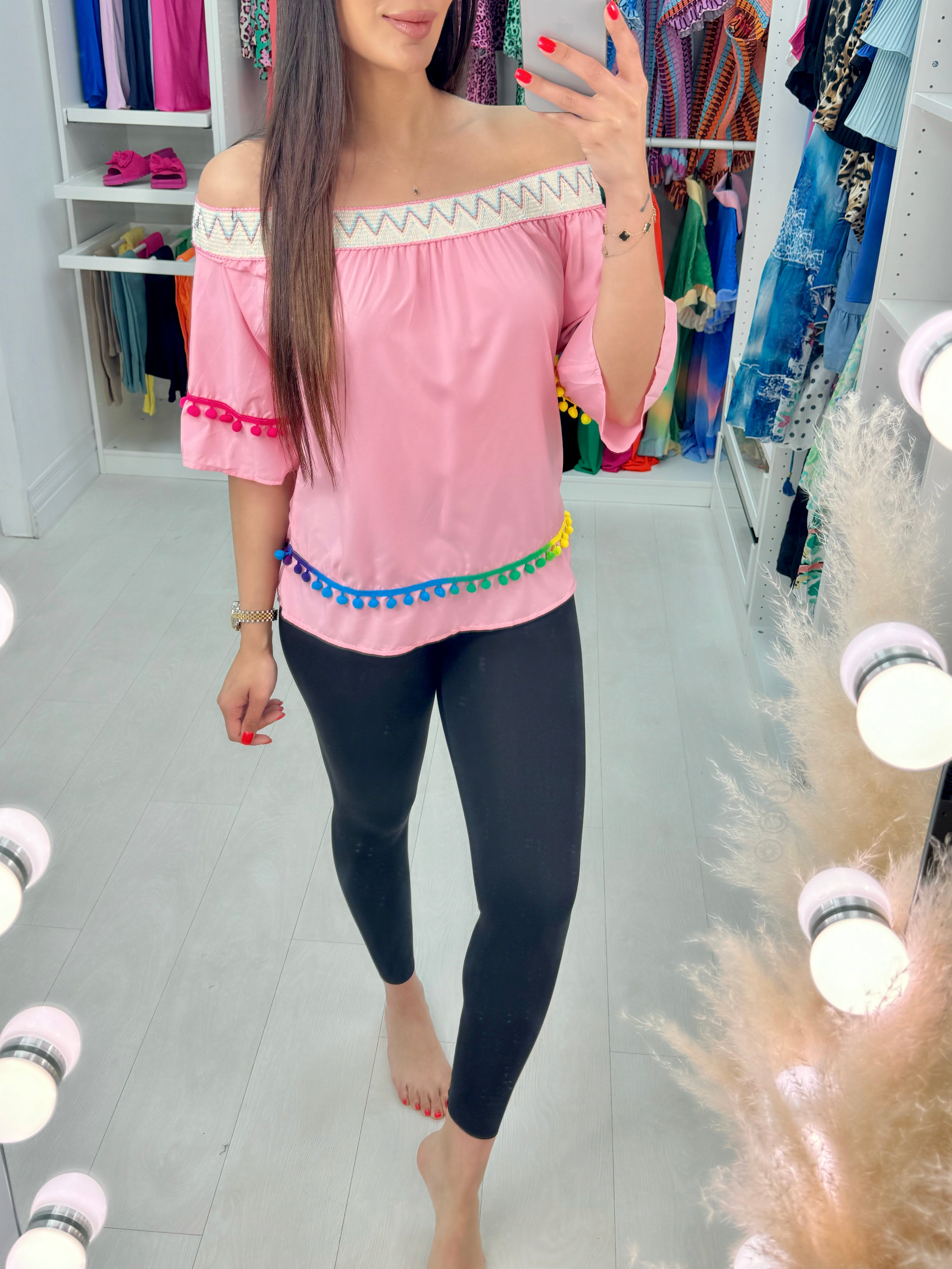 Marcell Bardot Pompom Trim Flared Top