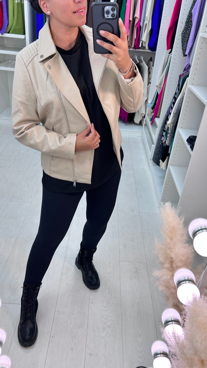 Niko Beige Leather Look Biker Jacket