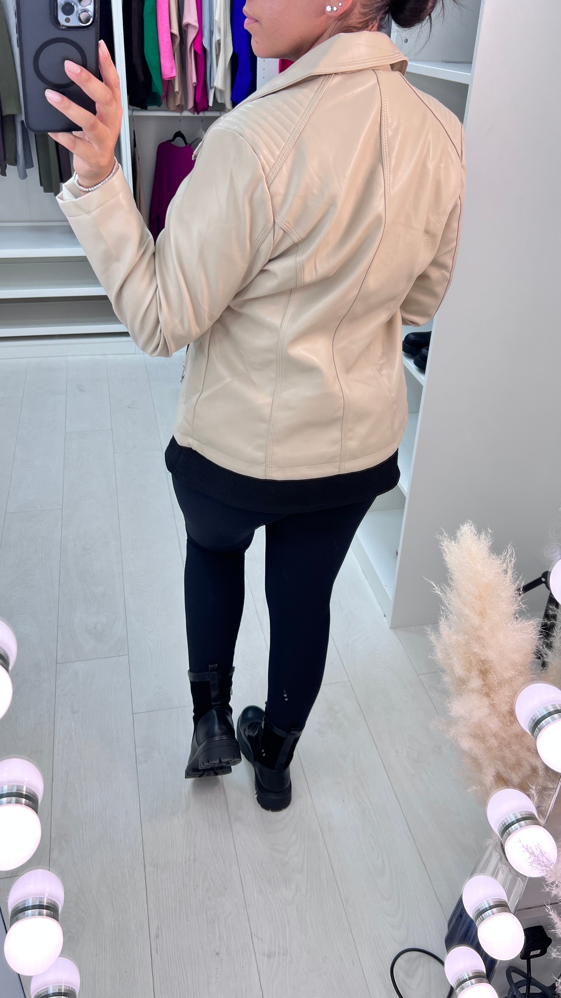 Niko Beige Leather Look Biker Jacket