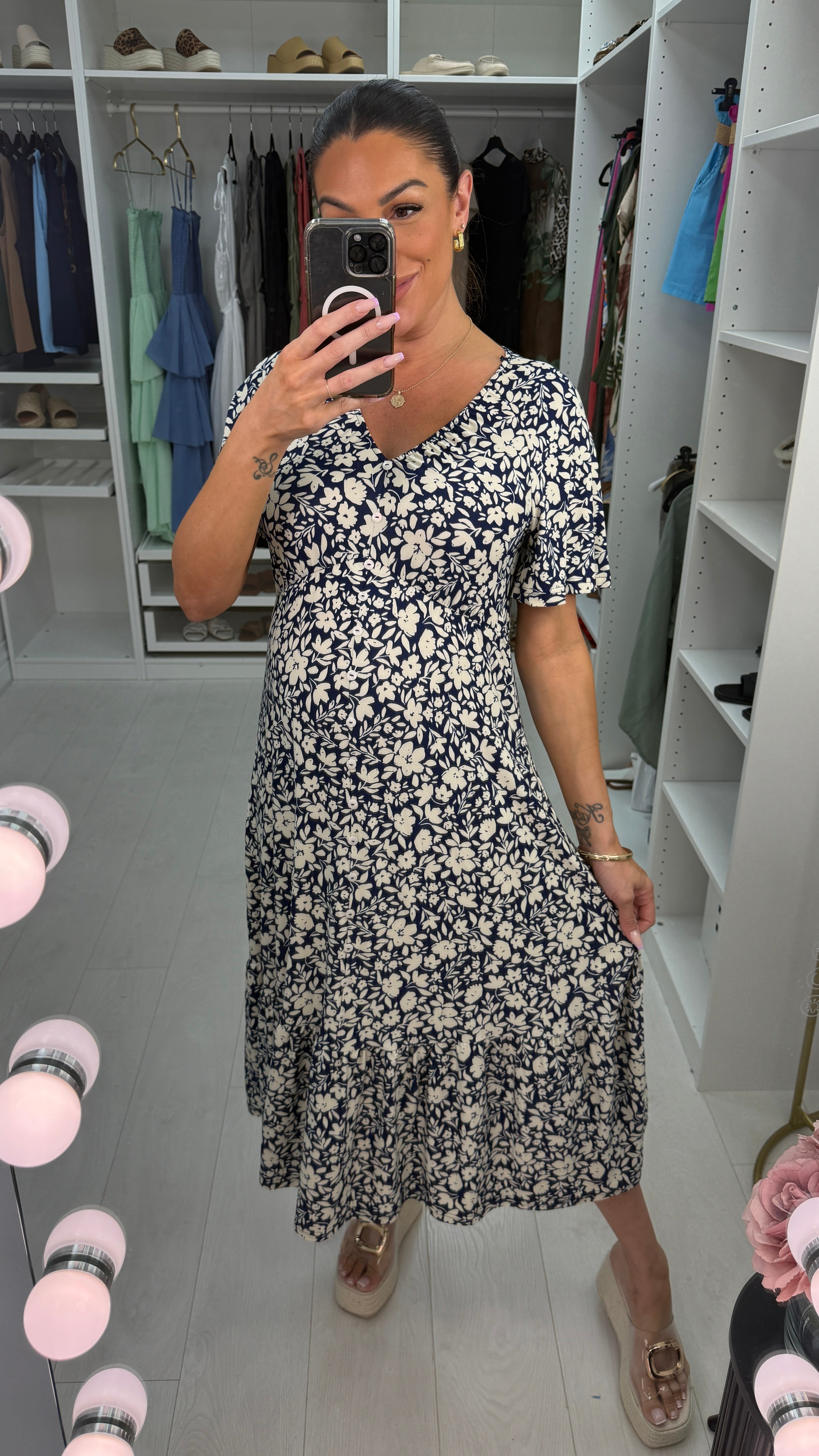 Tolice Floral Print V Neck Button Detail Midi Dress