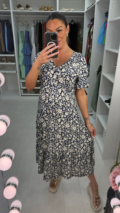 Tolice Floral Print V Neck Button Detail Midi Dress