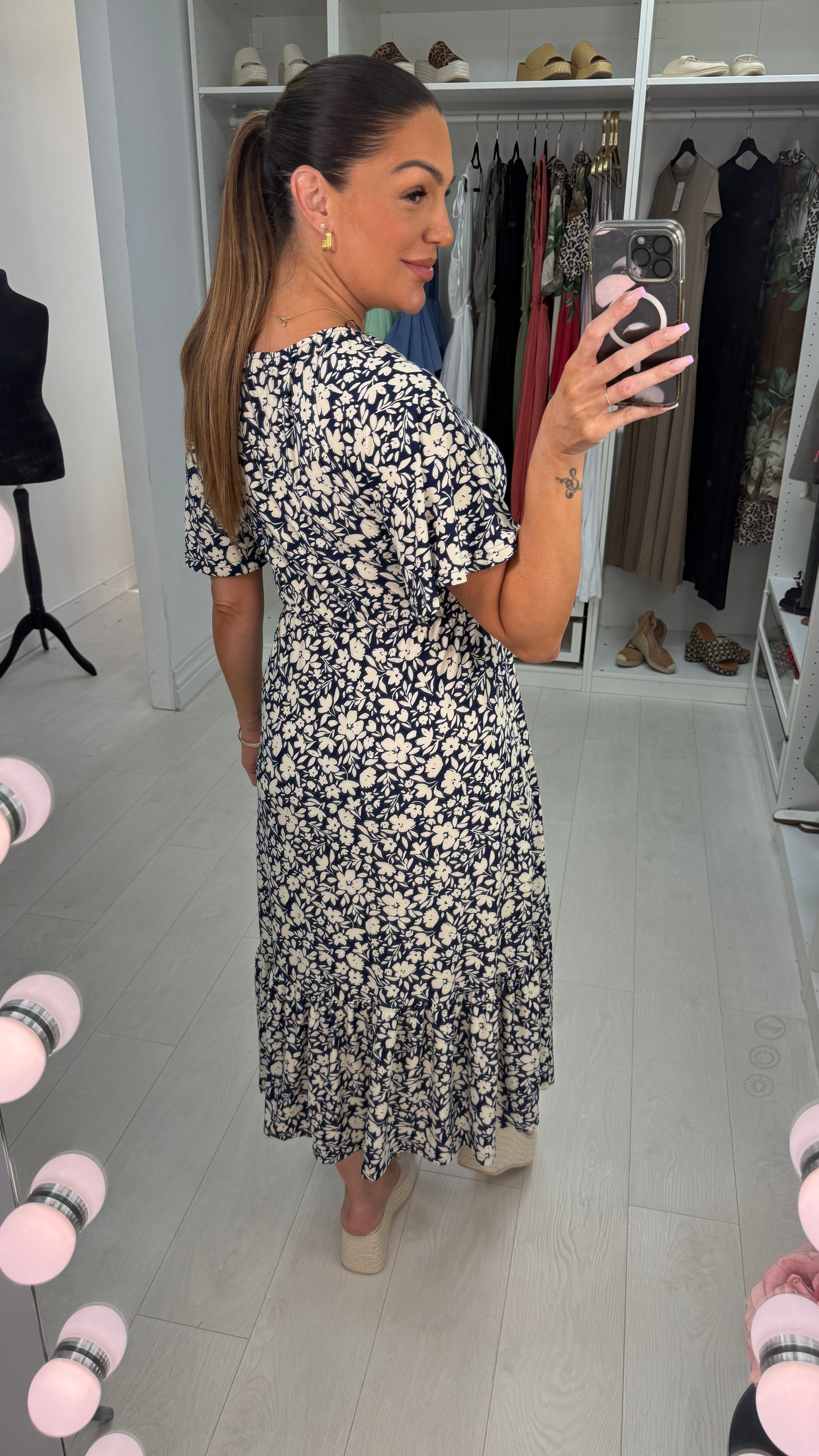 Tolice Floral Print V Neck Button Detail Midi Dress