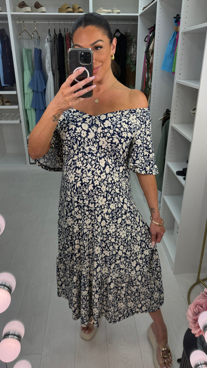 Tolice Floral Print V Neck Button Detail Midi Dress