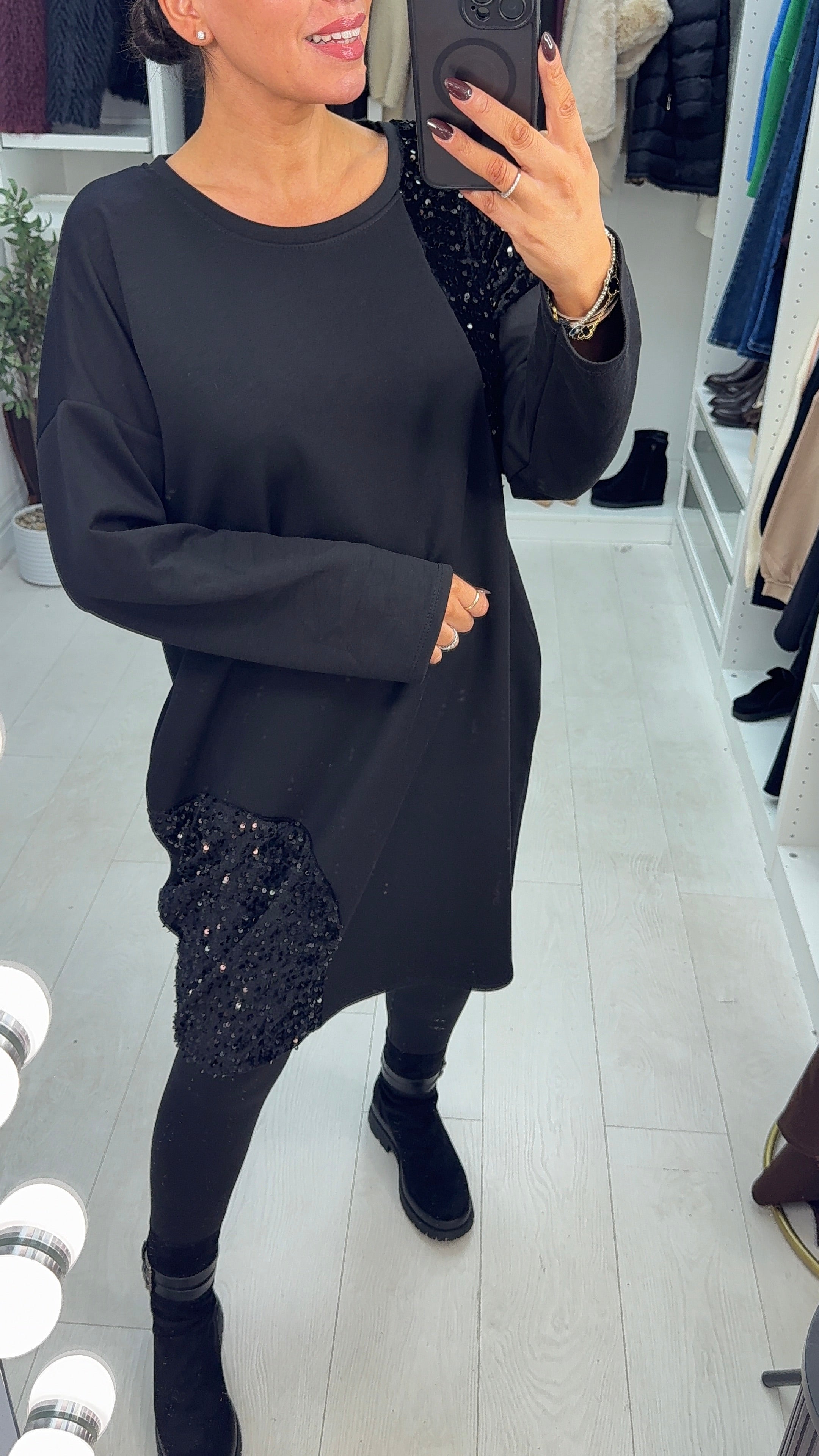 Sharlotte Plain Sequin Panel Loose Fit Dress