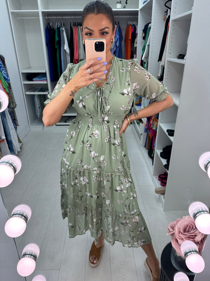 Alani Sage Chiffon Flower Stem Midi Dress