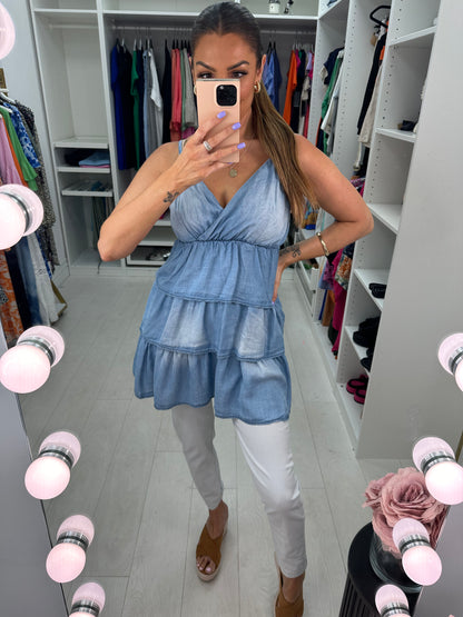 Jamima Ruffle Detailed Cross V-neck Denim Top