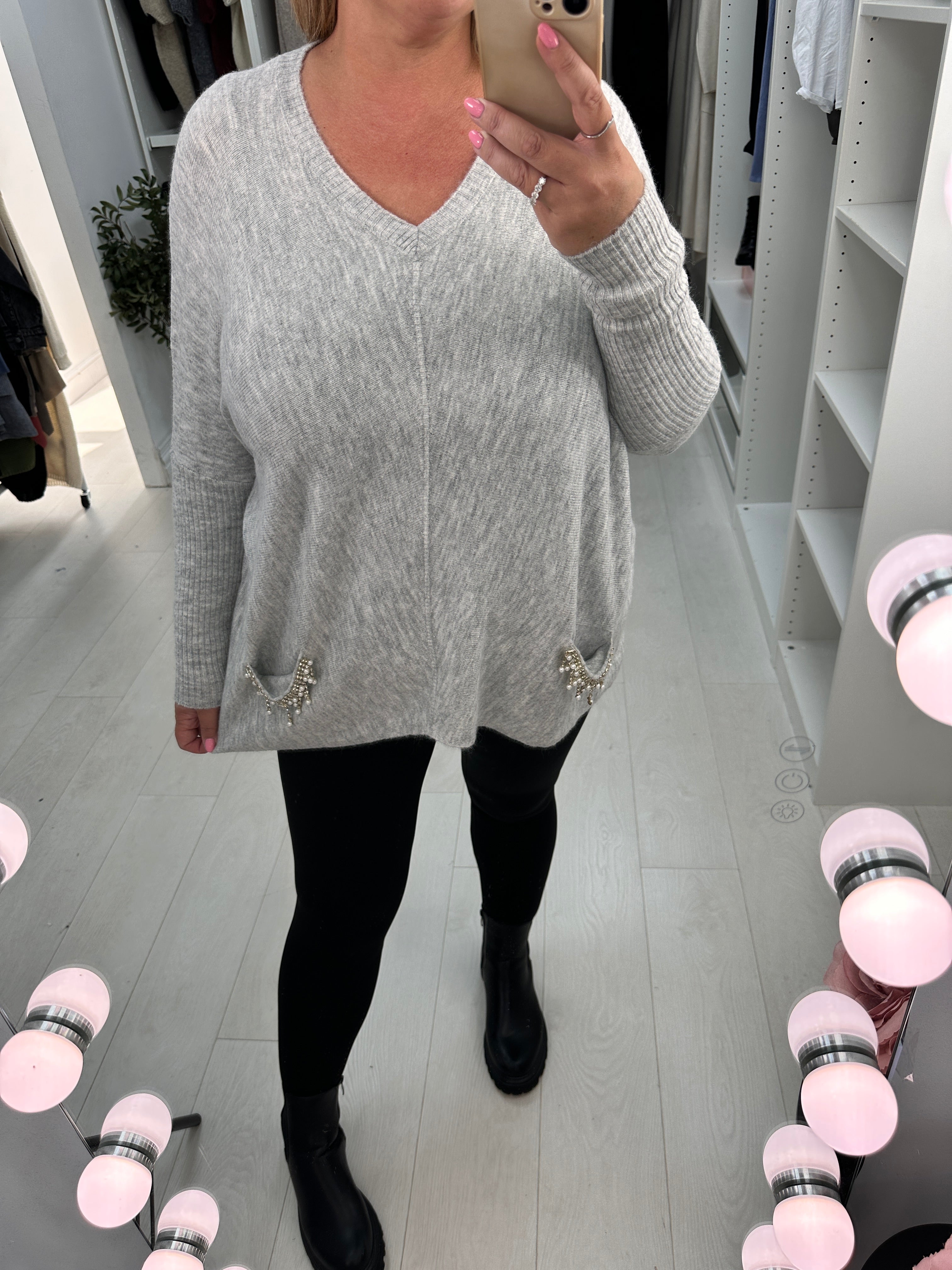 Kiana Plain V Neck Embellished Pocket Jumper