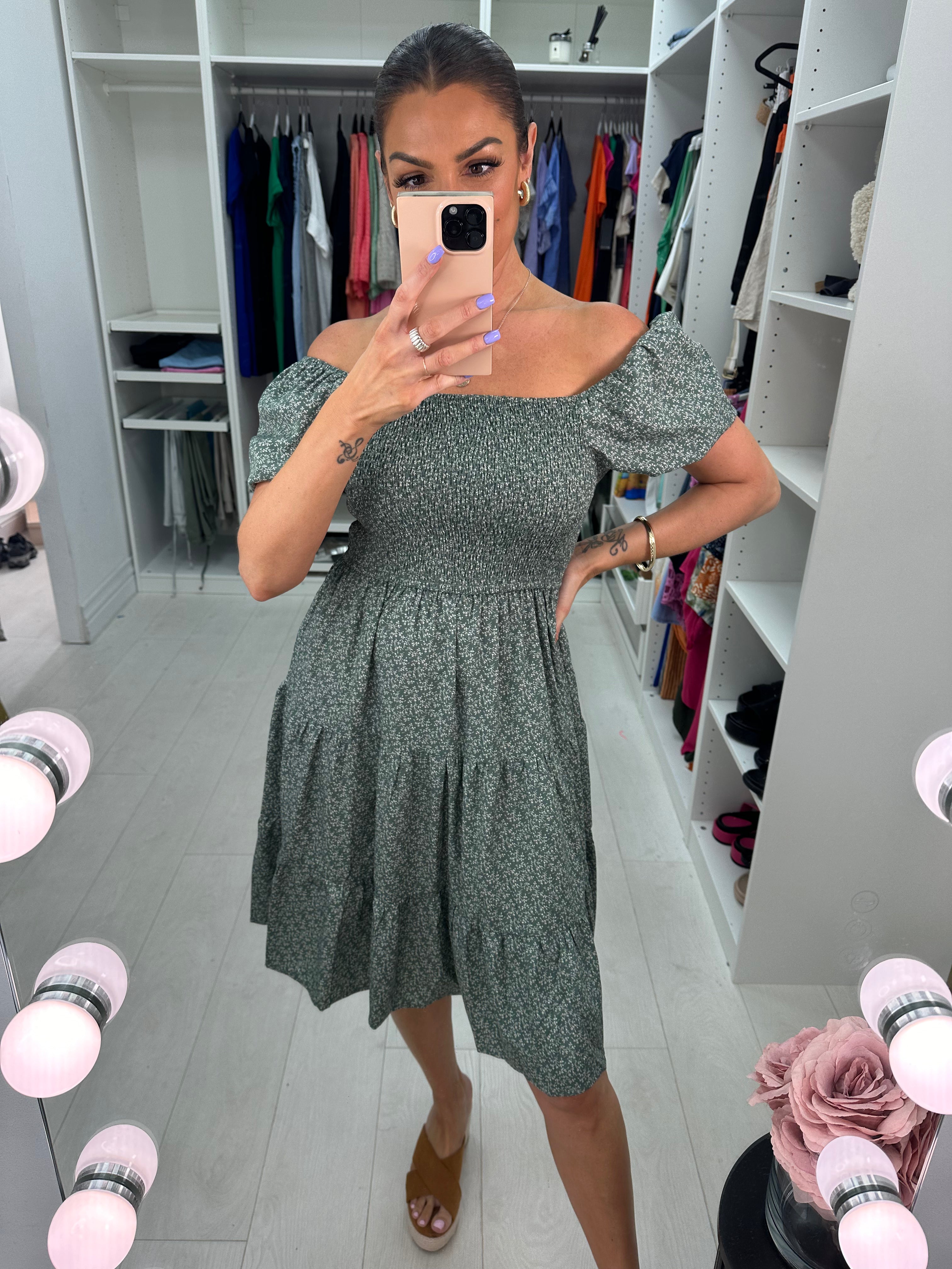 Mandy Sage Ditsy Print Babydoll Dress