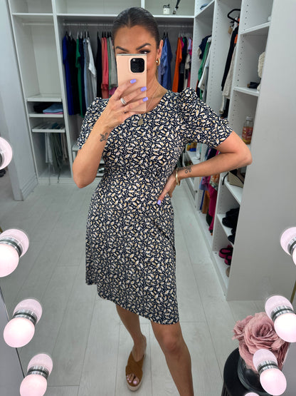 Ellia Navy Leaf Print Puff Sleeve Swing Dress