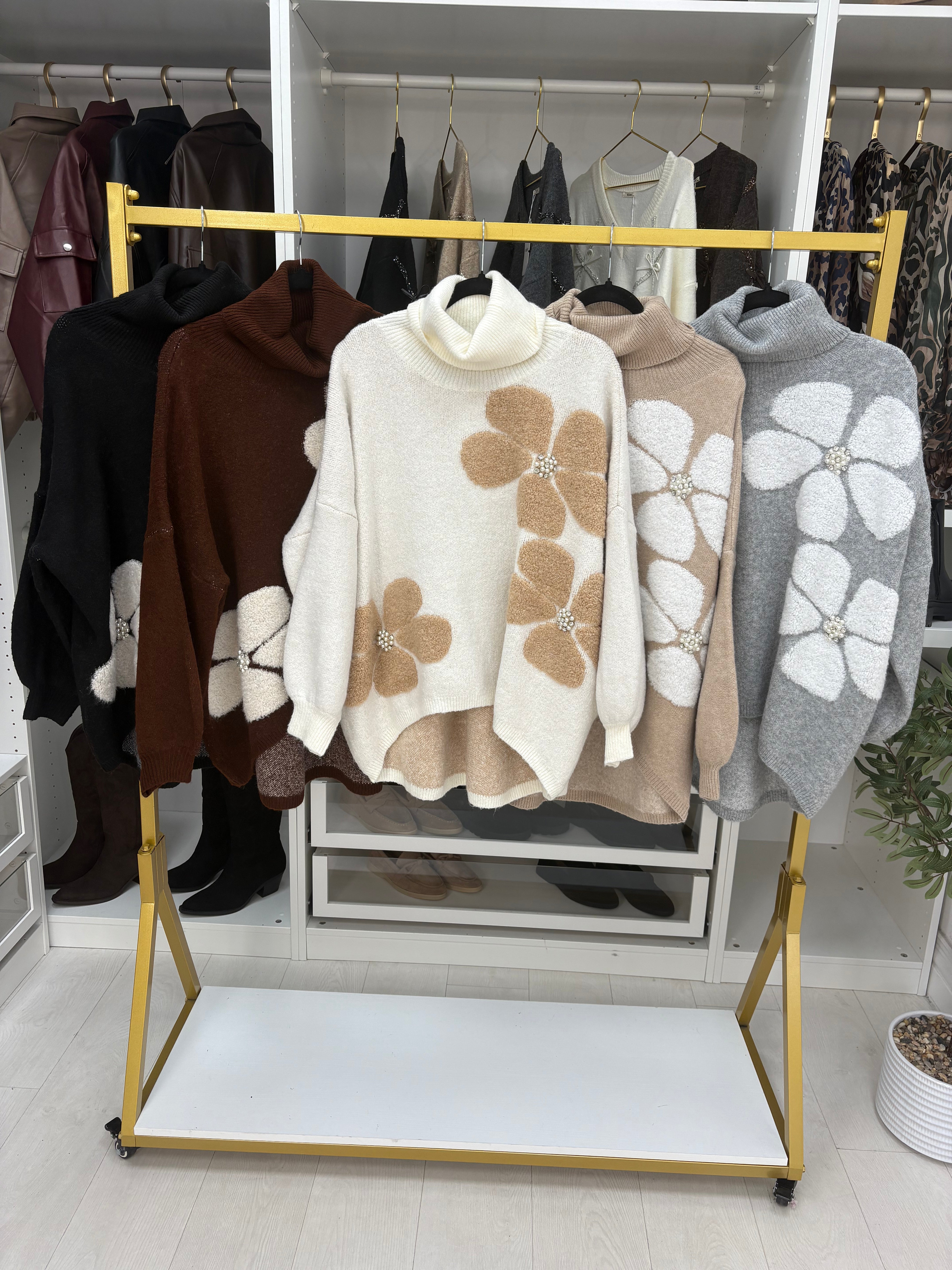 Clare Embellished Floral Detail Oversized Roll Neck Jumper