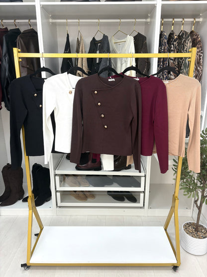 Falena Plain Asymmetric Button Detail Top