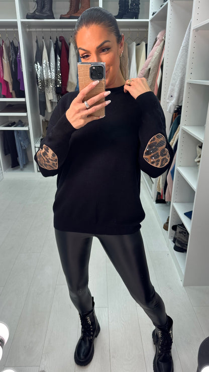 Zaviera Leopard Sequin Heart Knit Jumper