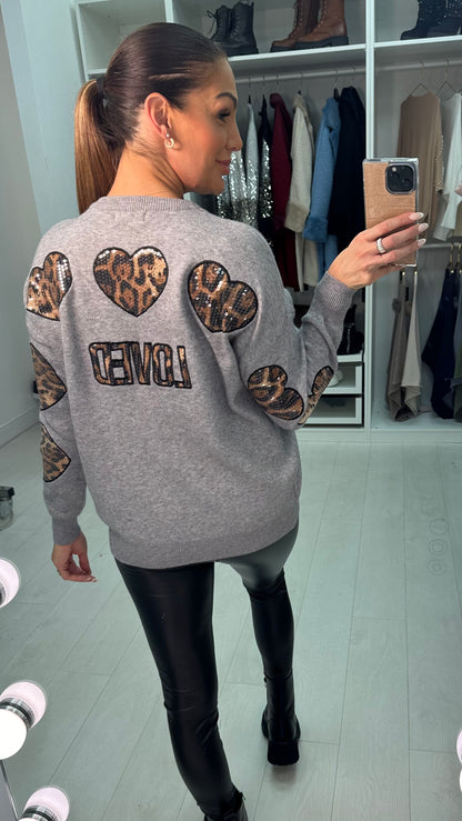 Zaviera Leopard Sequin Heart Knit Jumper