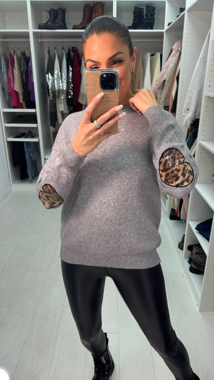 Zaviera Leopard Sequin Heart Knit Jumper