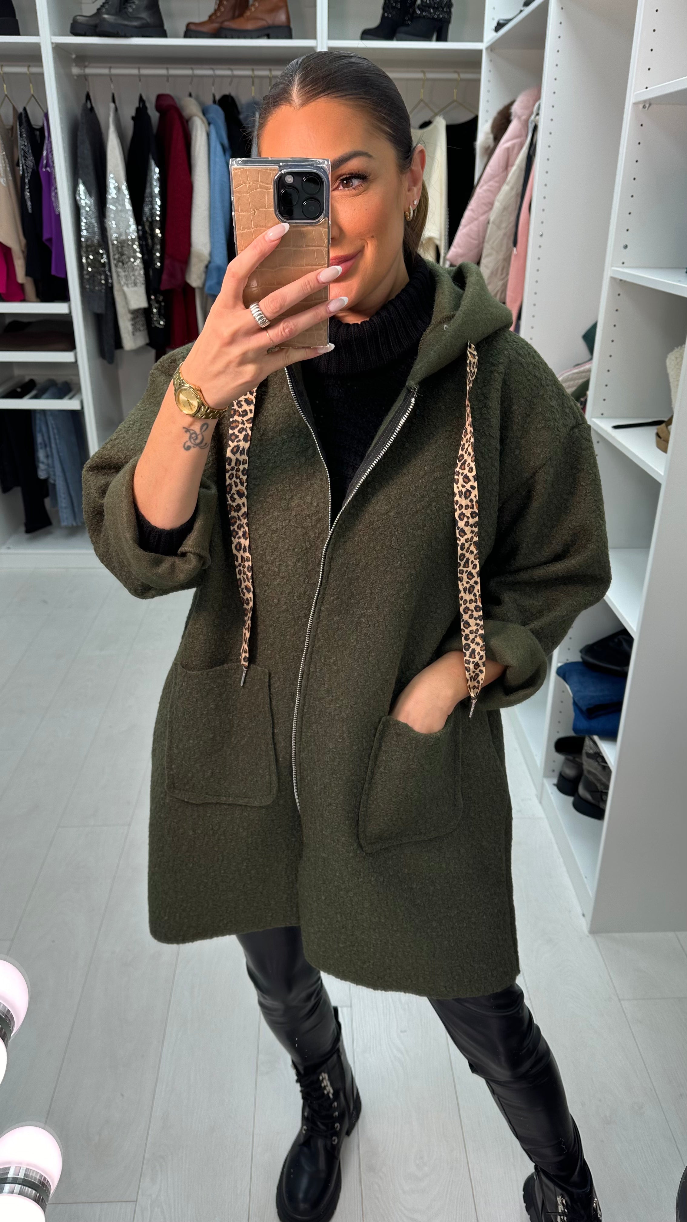 Lindsey Boucle Hooded Leopard Detail Jacket