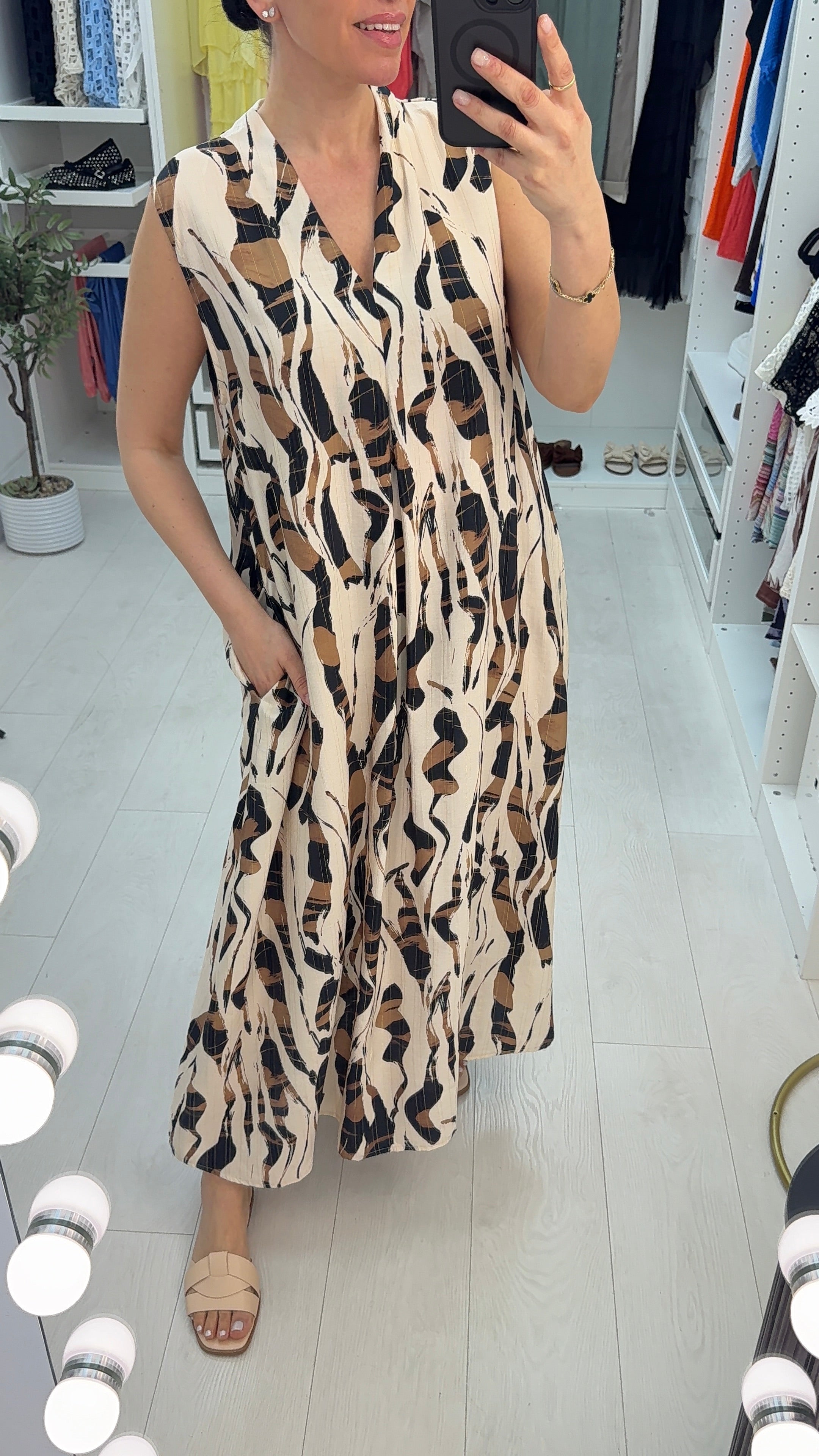 Iveta Abstract Print V Neck Sleeveless Maxi Dress