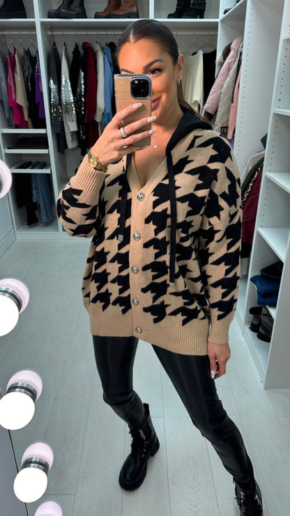 Evra Houndstooth Hooded Chunky Cardigan