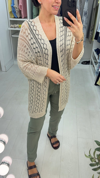 Lucile Plain Crochet Open Front Longline Cardigan