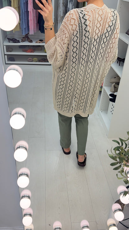 Lucile Plain Crochet Open Front Longline Cardigan