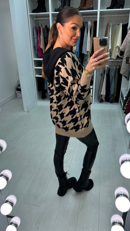 Evra Houndstooth Hooded Chunky Cardigan