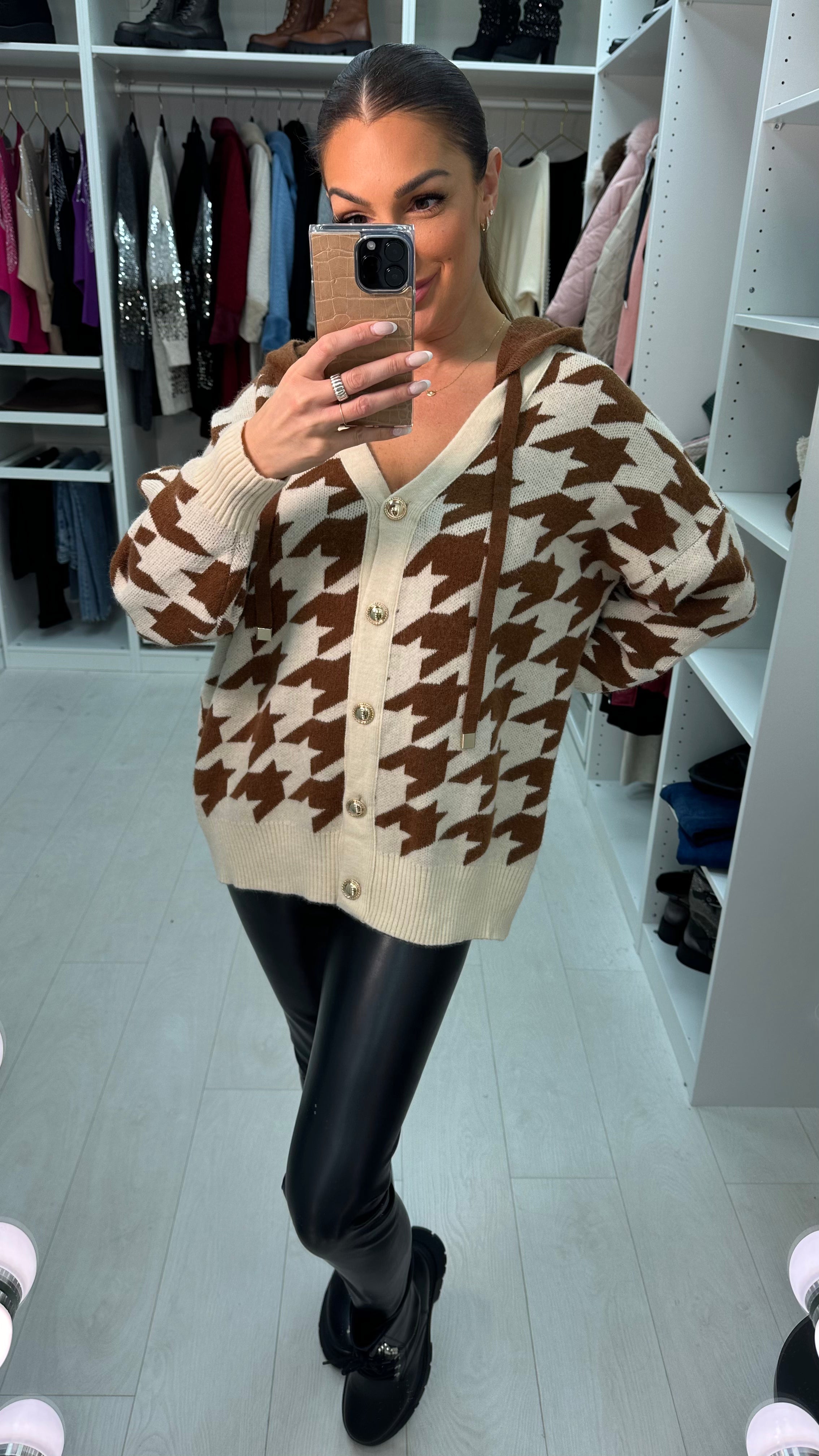 Evra Houndstooth Hooded Chunky Cardigan