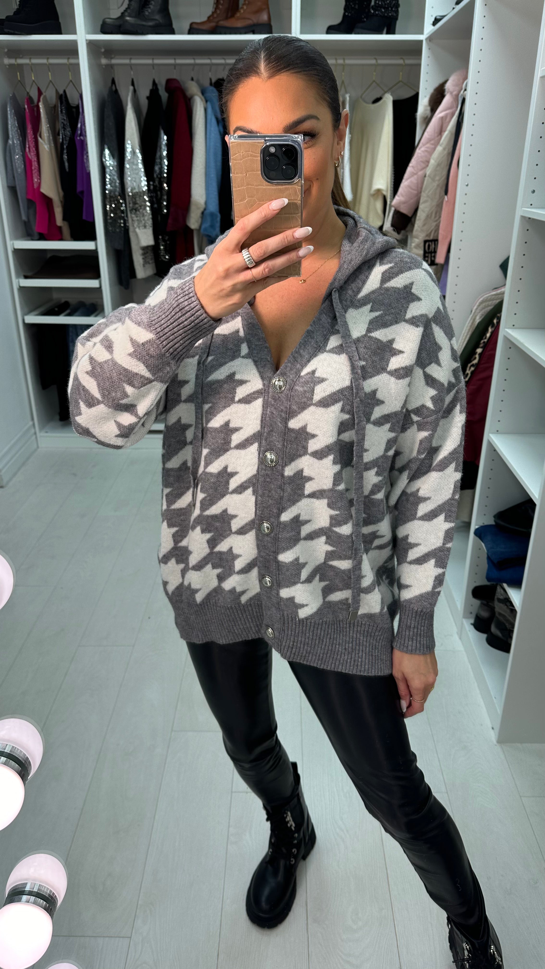 Evra Houndstooth Hooded Chunky Cardigan