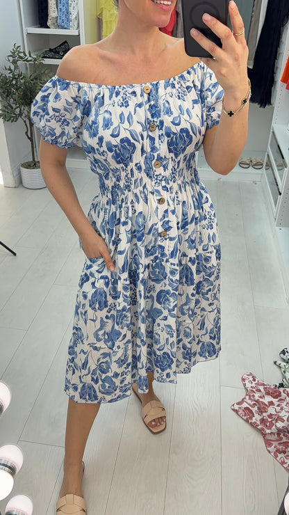 Tyra Floral Button Detailed Shirred Waist Dress