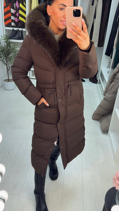 Alberta Chocolate Padded Faux Fur Hooded Coat