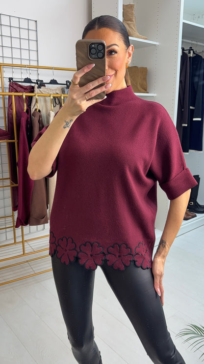 Bethie Plain Floral Trim High Neck Jumper